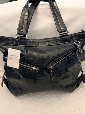 Black Crocodile Embossed Leather Tote Hobo Shoulder Large Handbag Silver Accents